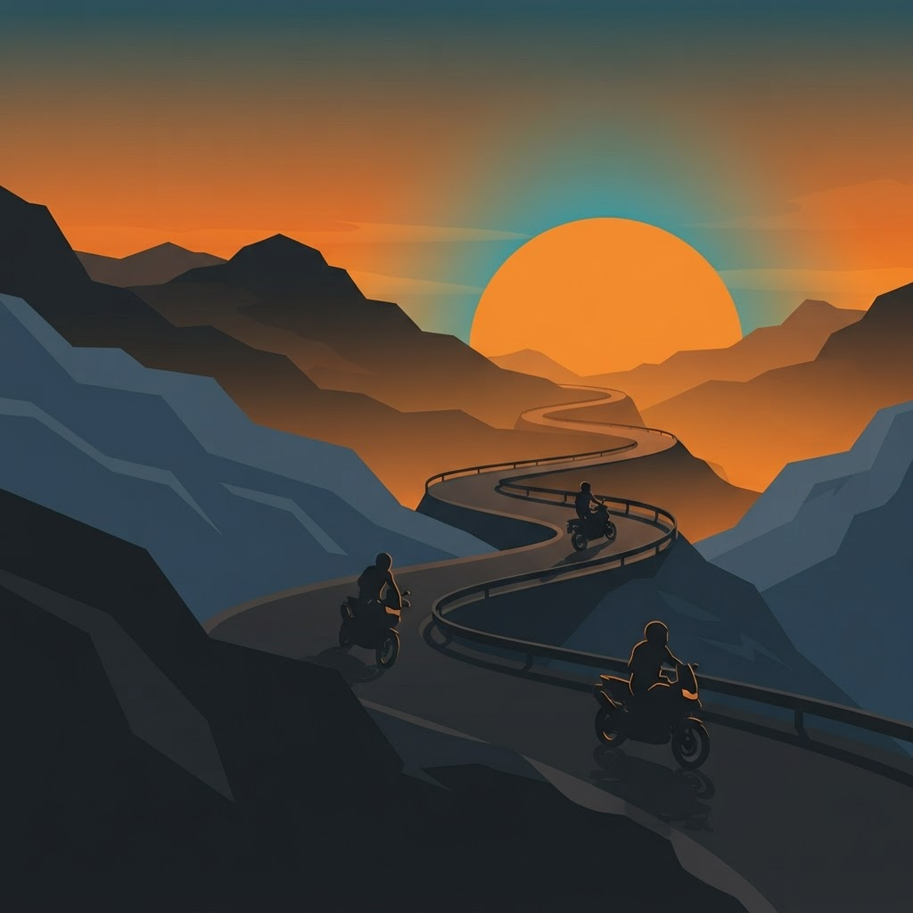 Motorcycles riding into a sunset on a winding road